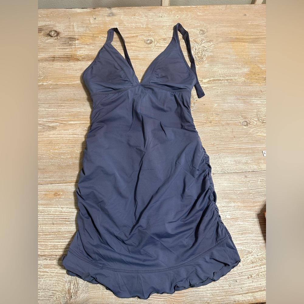 Athleta Shirrendipity one piece halter swim bathing suit dress sz S blue grey